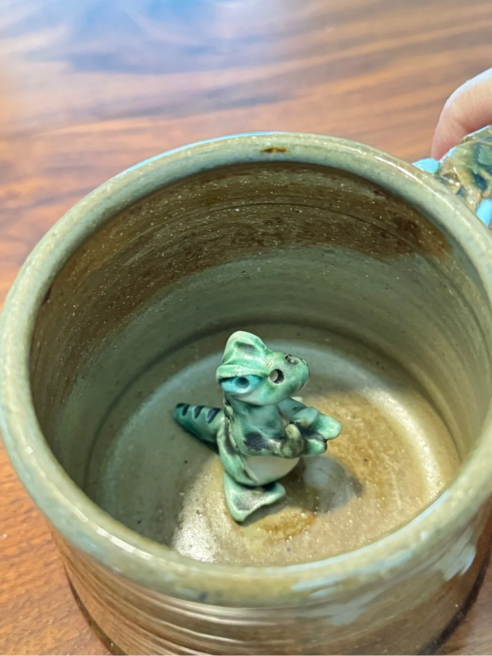Signed Art Pottery Dinosaur Coffee Tea Mug Hidden Surprise